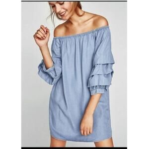 Zara Off Shoulder Ruffled Sleeve Shirt Dress Small